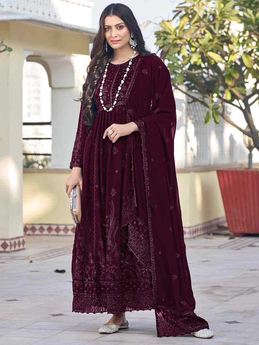 Wine Georgette Embroidered Festival Wedding Anarkali Salwar Kameez