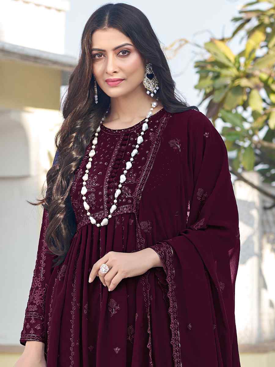 Wine Georgette Embroidered Festival Wedding Anarkali Salwar Kameez
