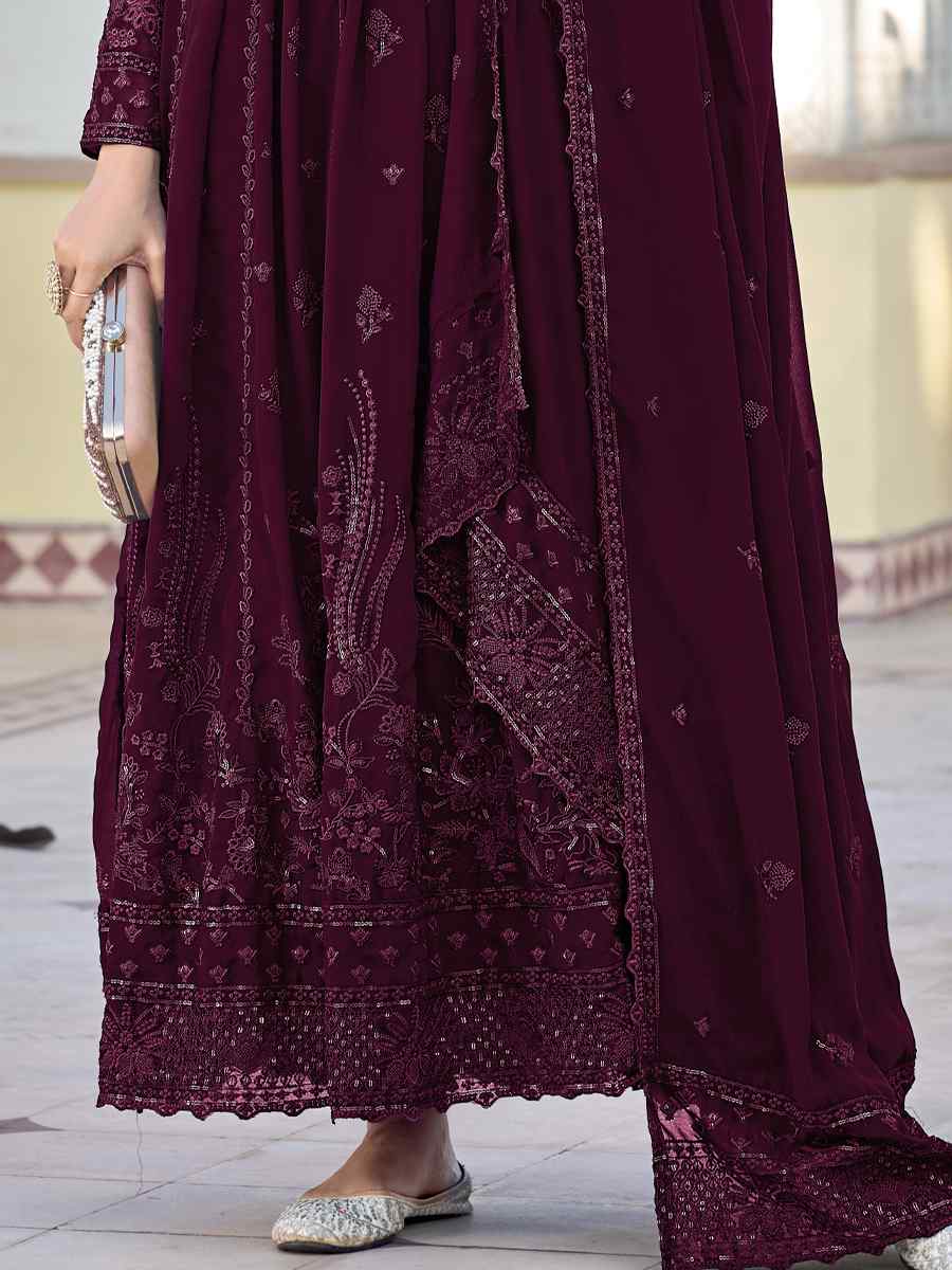 Wine Georgette Embroidered Festival Wedding Anarkali Salwar Kameez