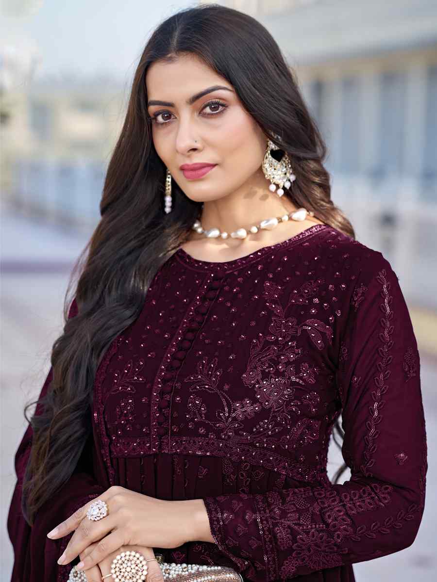 Wine Georgette Embroidered Festival Wedding Anarkali Salwar Kameez