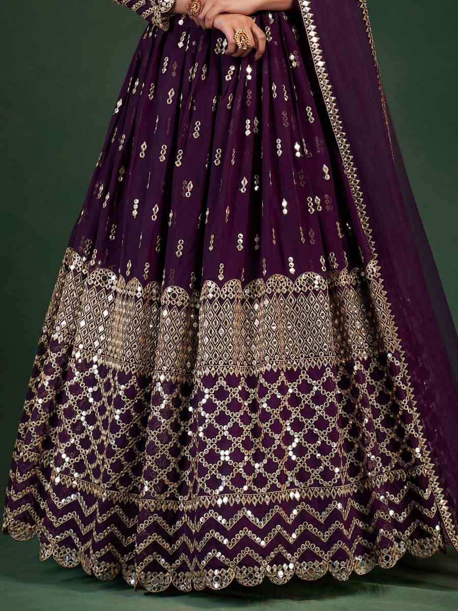 Wine Georgette Embroidered Festival Wedding Circular Lehenga Choli