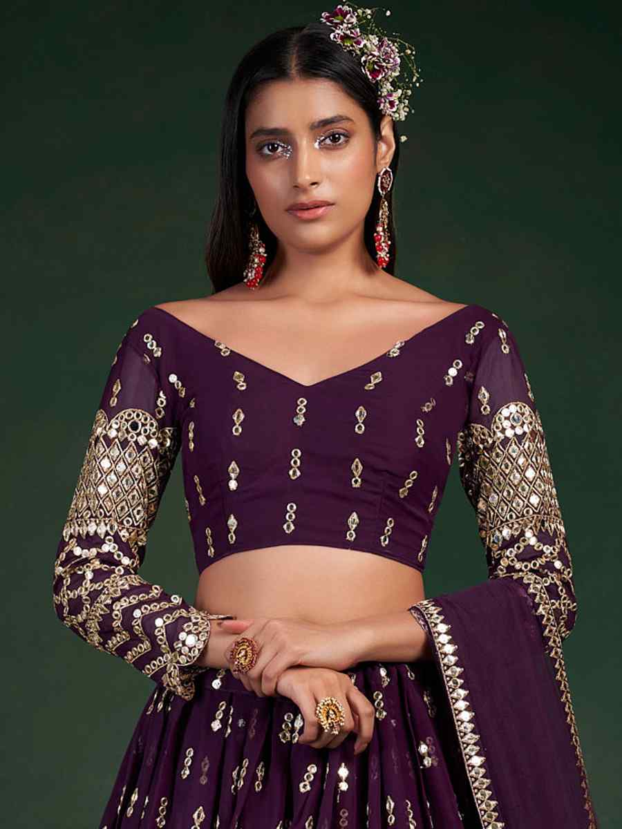 Wine Georgette Embroidered Festival Wedding Circular Lehenga Choli