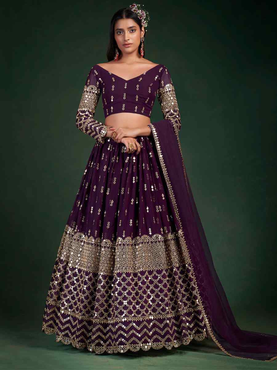Wine Georgette Embroidered Festival Wedding Circular Lehenga Choli