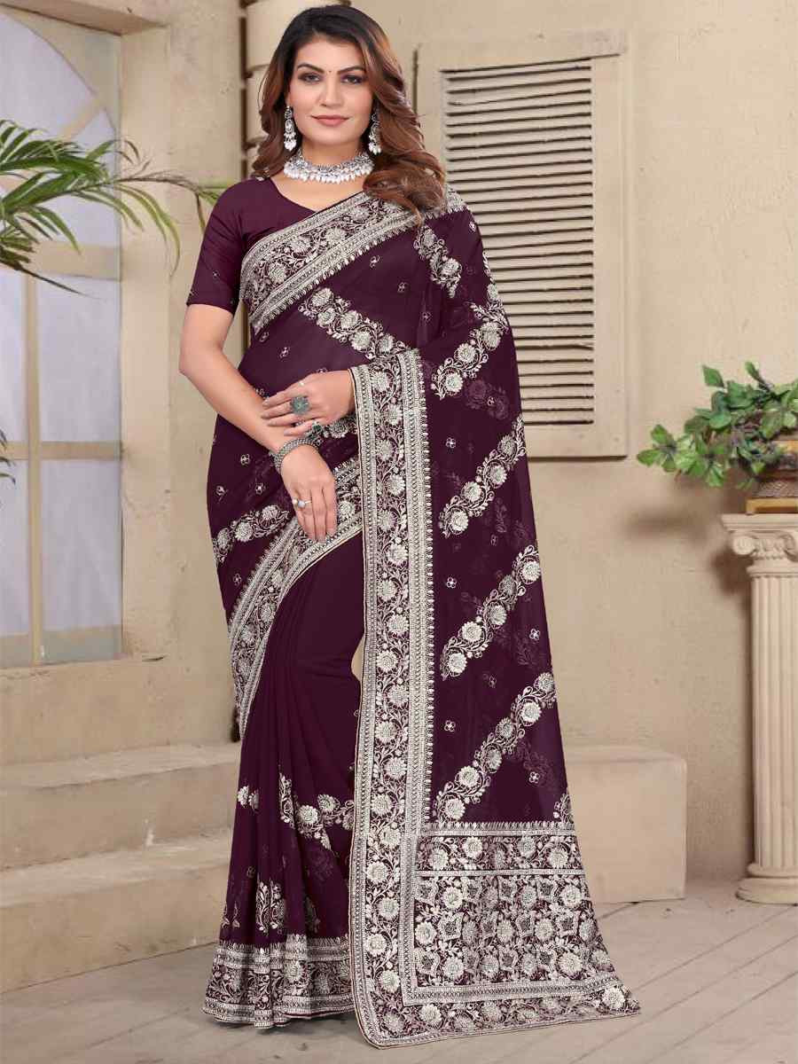 Wine Georgette Embroidered Festival Wedding Fancy Heavy Border Saree