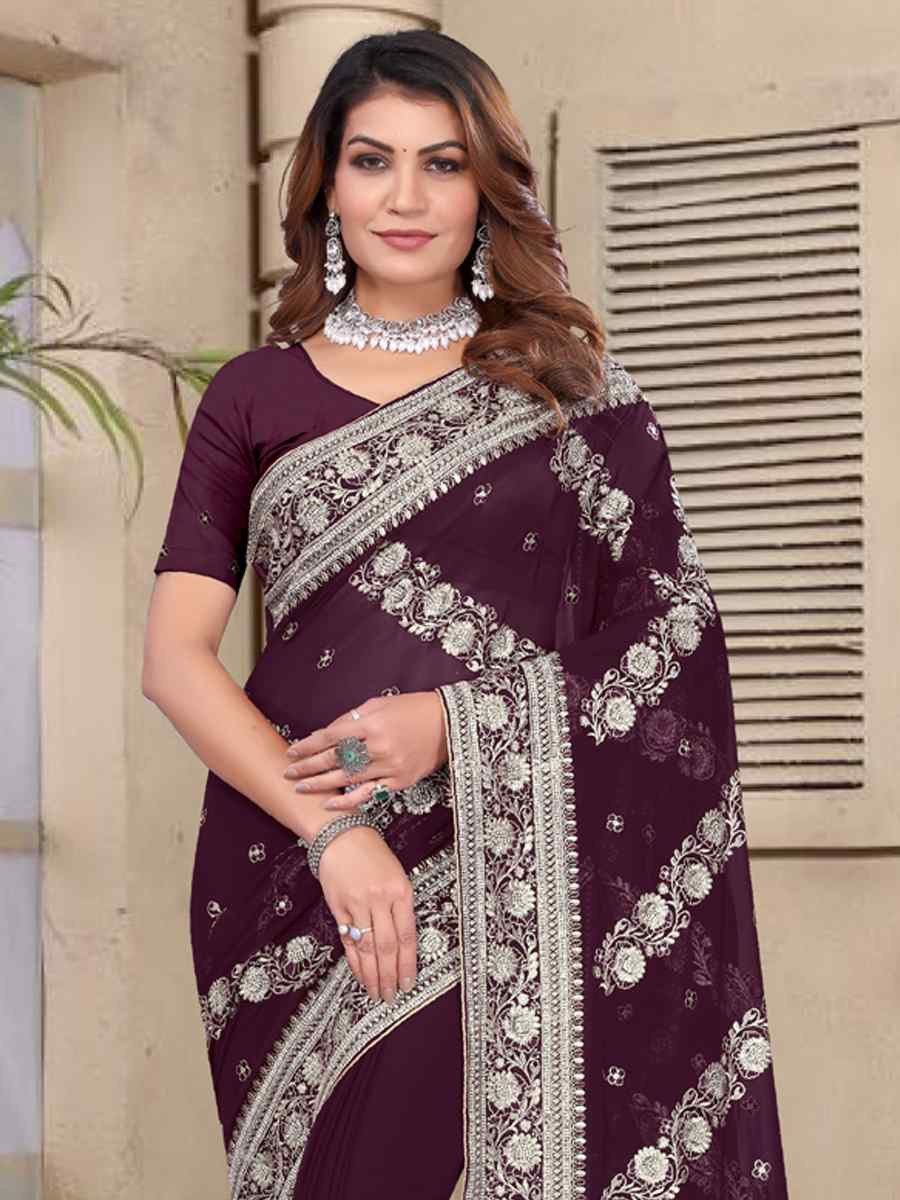 Wine Georgette Embroidered Festival Wedding Fancy Heavy Border Saree