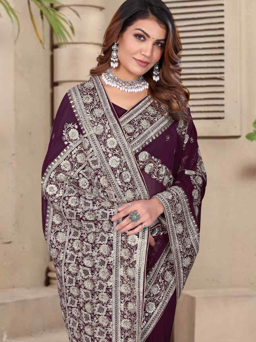 Wine Georgette Embroidered Festival Wedding Fancy Heavy Border Saree