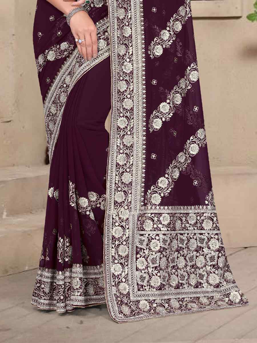 Wine Georgette Embroidered Festival Wedding Fancy Heavy Border Saree