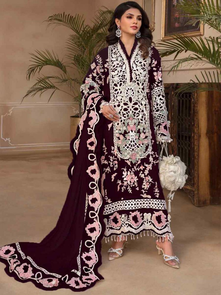 Wine Georgette Embroidered Festival Wedding Pant Salwar Kameez