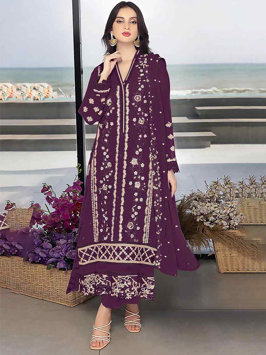 Wine Georgette Embroidered Festival Wedding Pant Salwar Kameez