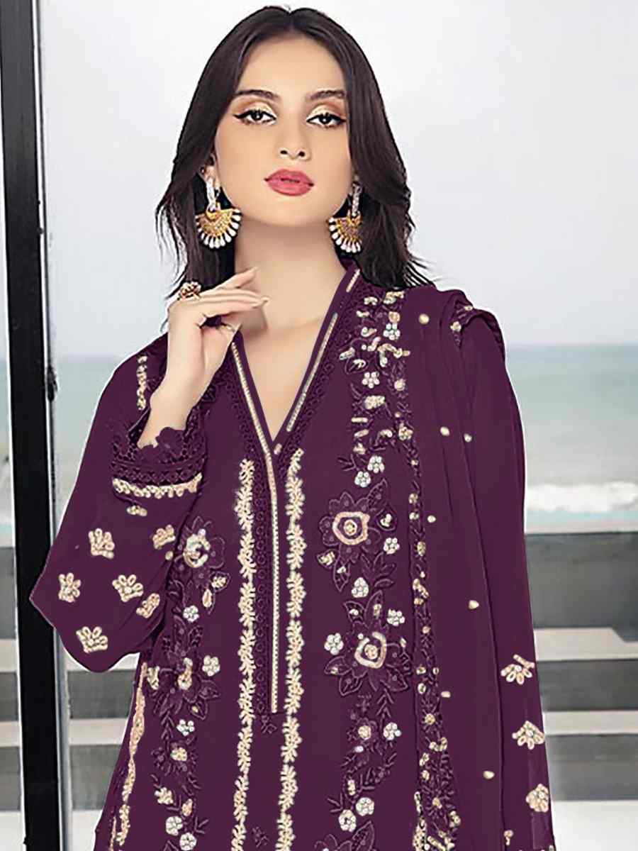 Wine Georgette Embroidered Festival Wedding Pant Salwar Kameez