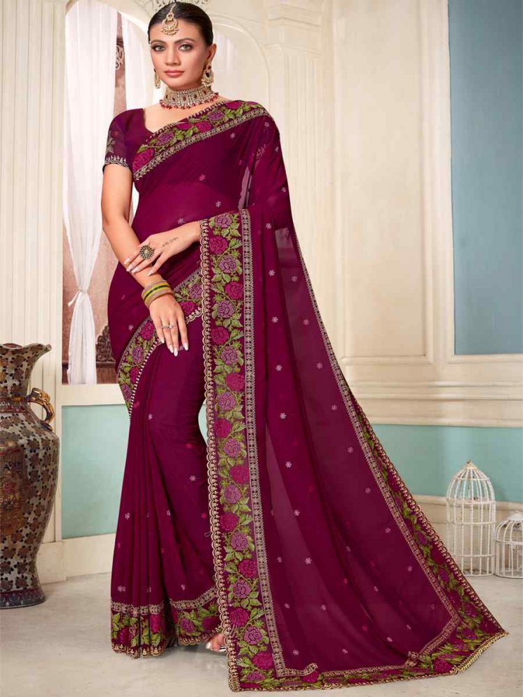 Wine Georgette Embroidered Party Festival Heavy Border Saree