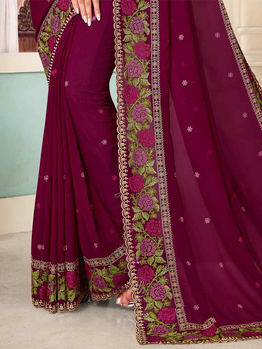 Wine Georgette Embroidered Party Festival Heavy Border Saree