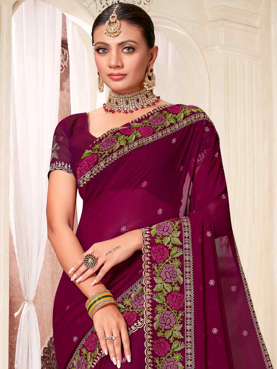 Wine Georgette Embroidered Party Festival Heavy Border Saree