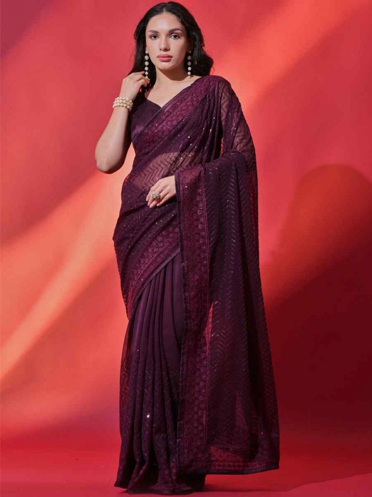 Wine Georgette Embroidered Party Reception Heavy Border Saree