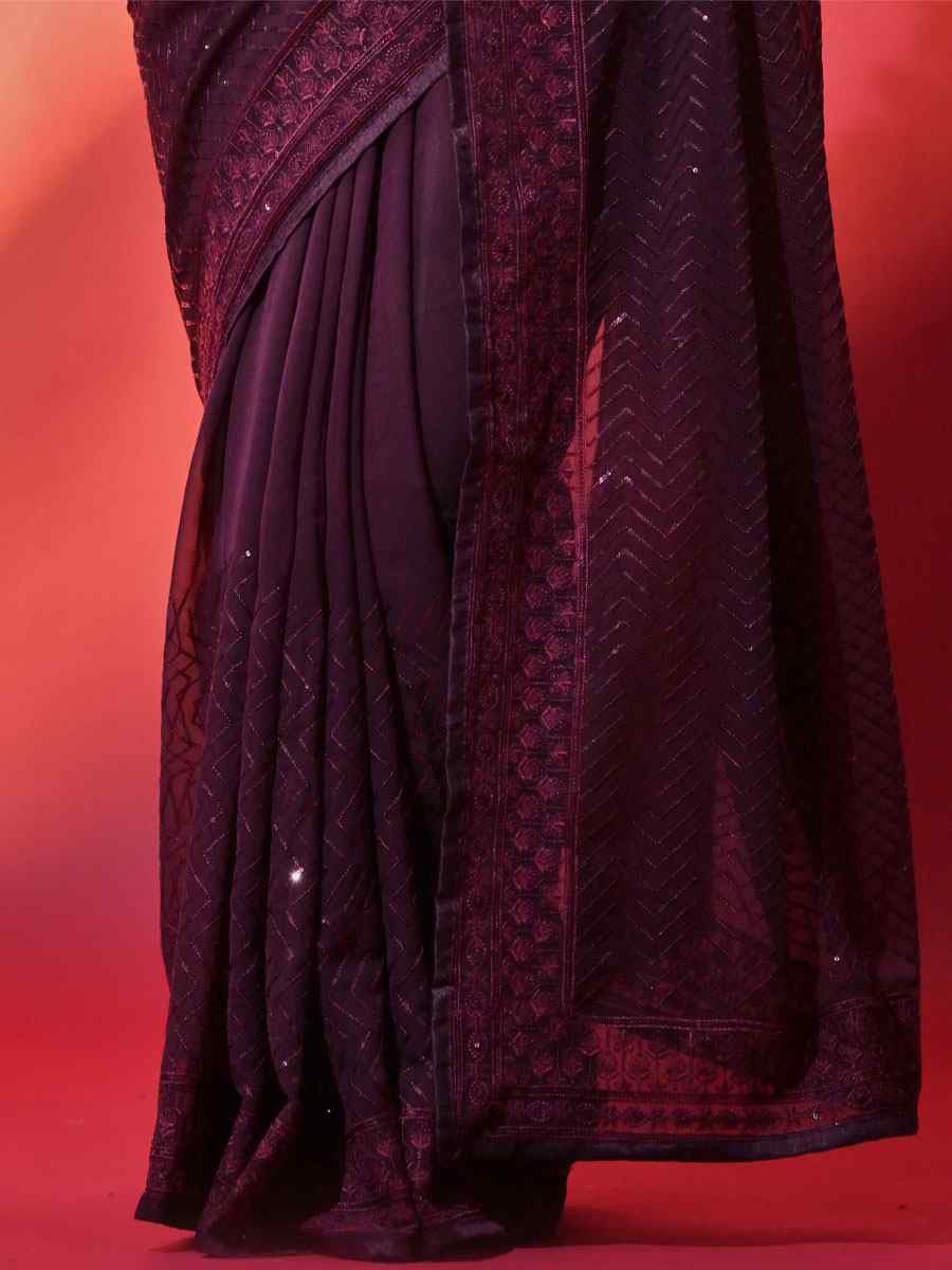 Wine Georgette Embroidered Party Reception Heavy Border Saree