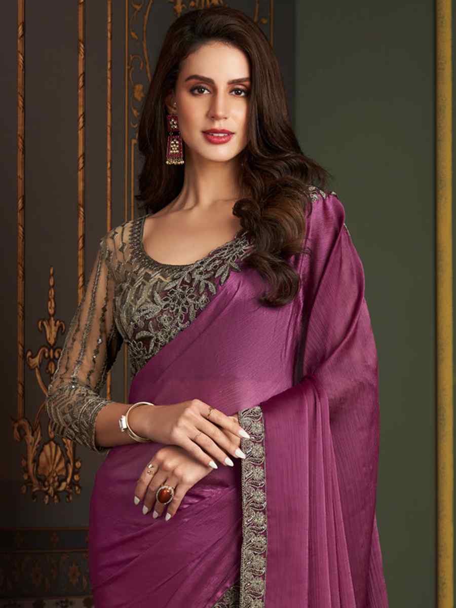 Wine Georgette Embroidered Party Wedding Classic Style Saree