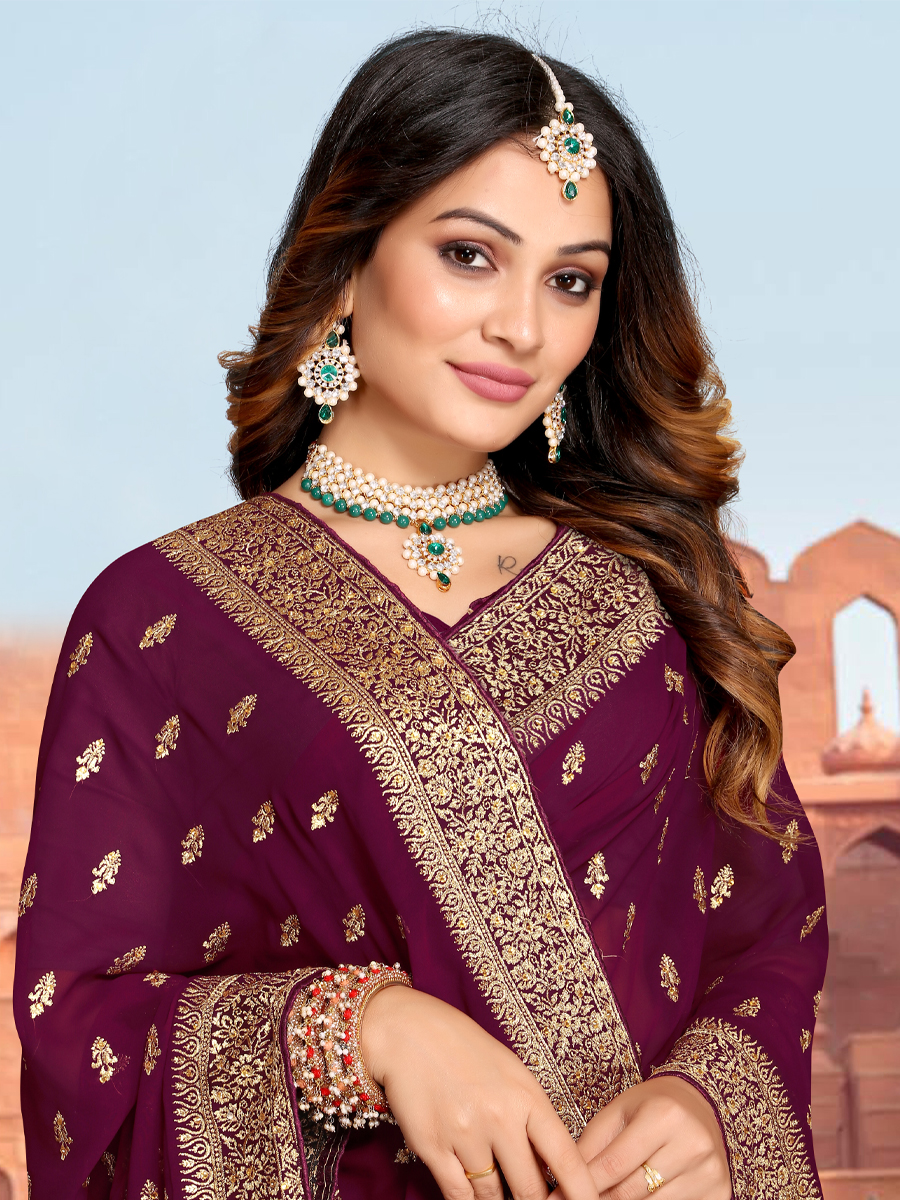 Wine Georgette Embroidered Reception Party Heavy Border Saree