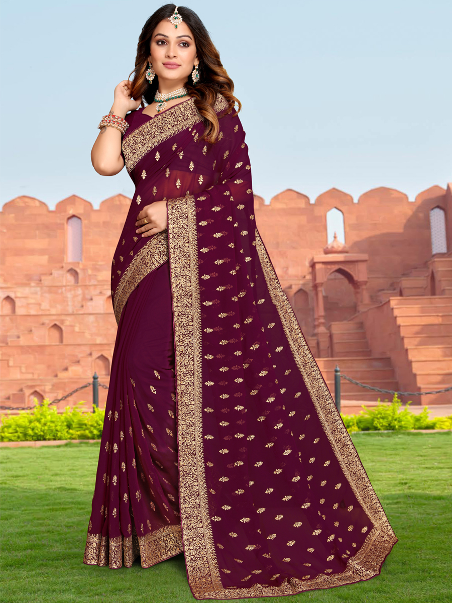 Wine Georgette Embroidered Reception Party Heavy Border Saree