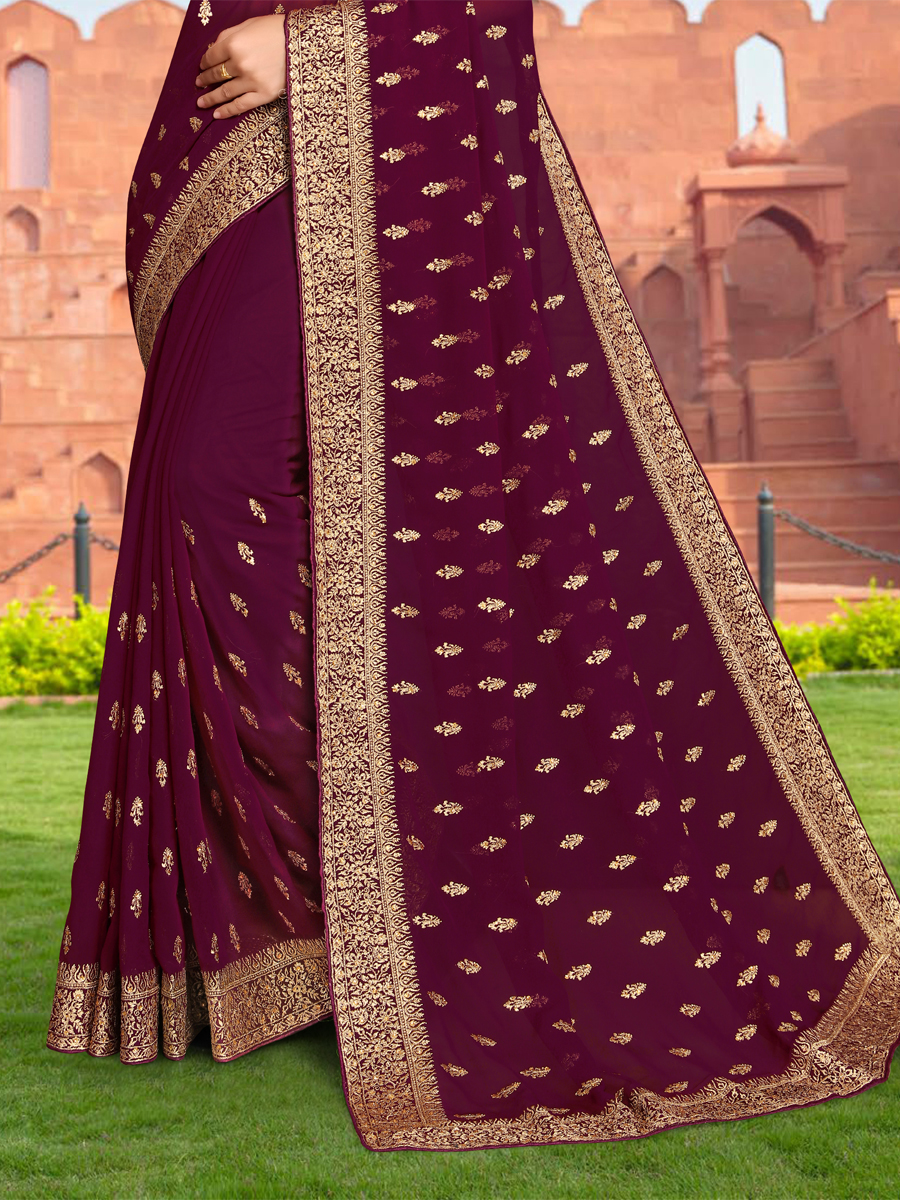 Wine Georgette Embroidered Reception Party Heavy Border Saree