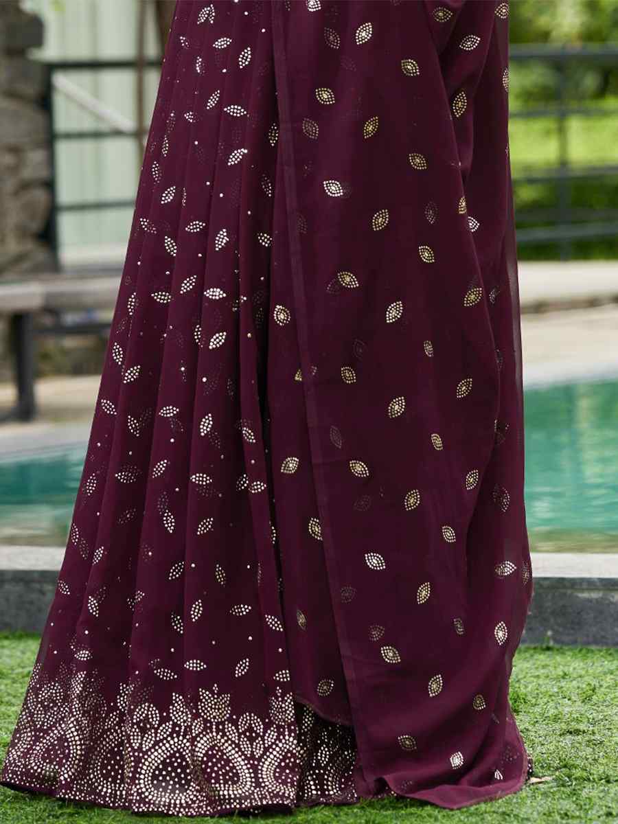 Wine Georgette Embroidered Reception Wedding Heavy Border Lehenga Choli