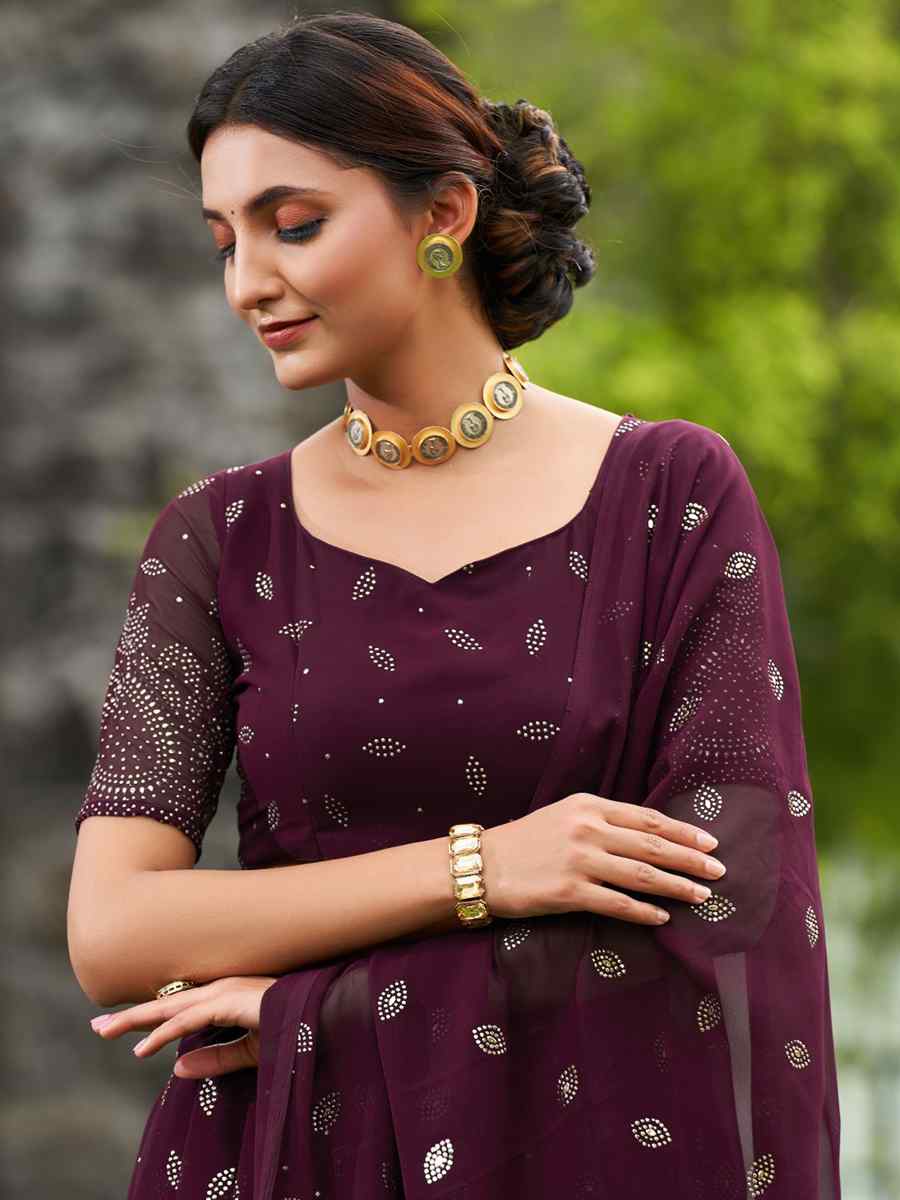 Wine Georgette Embroidered Reception Wedding Heavy Border Lehenga Choli