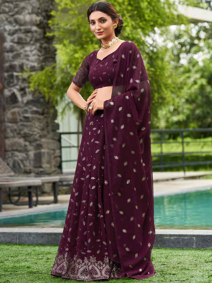 Wine Georgette Embroidered Reception Wedding Heavy Border Lehenga Choli