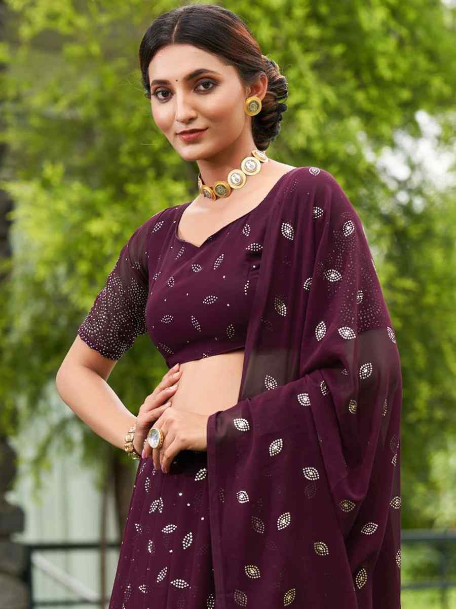 Wine Georgette Embroidered Reception Wedding Heavy Border Lehenga Choli