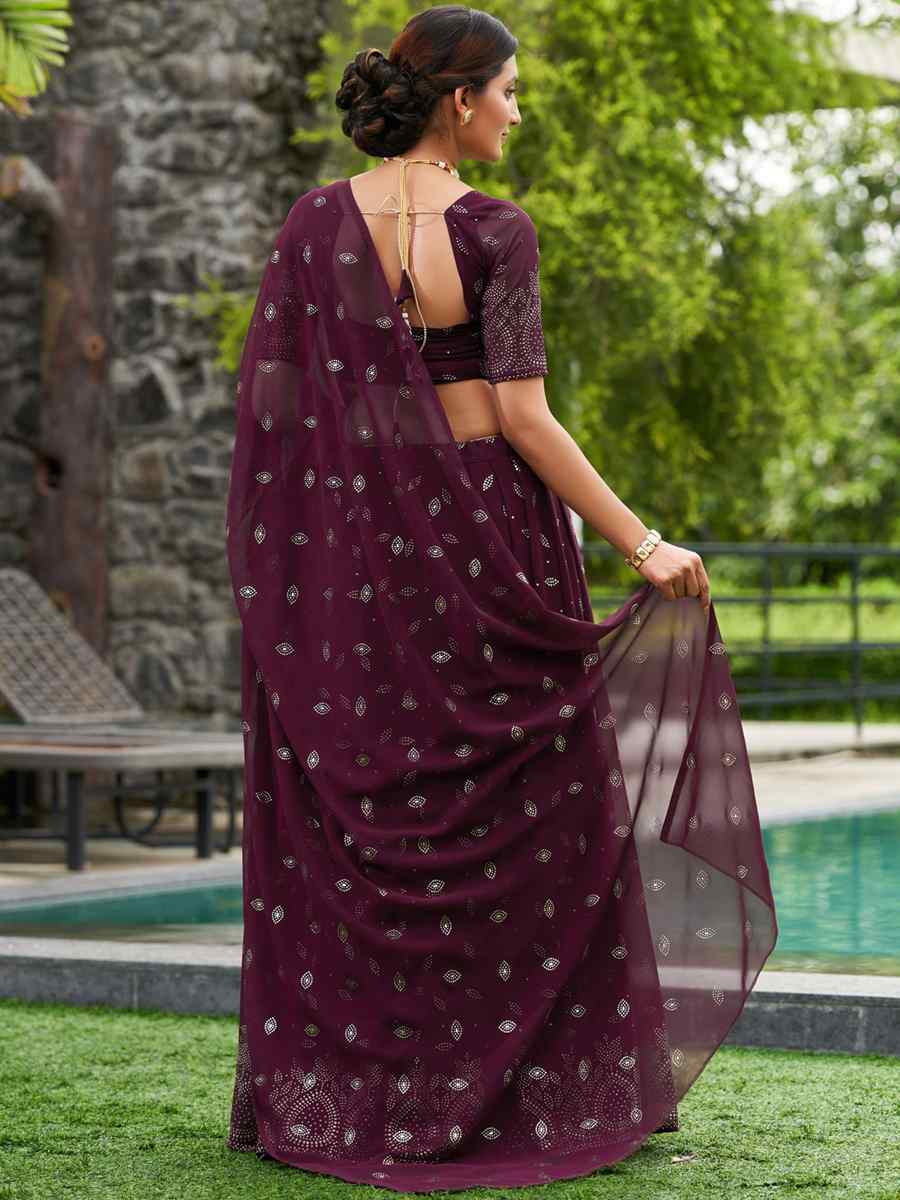 Wine Georgette Embroidered Reception Wedding Heavy Border Lehenga Choli
