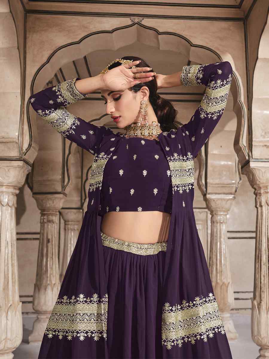 Wine Georgette Embroidered Wedding Bridesmaid Heavy Border Lehenga Choli