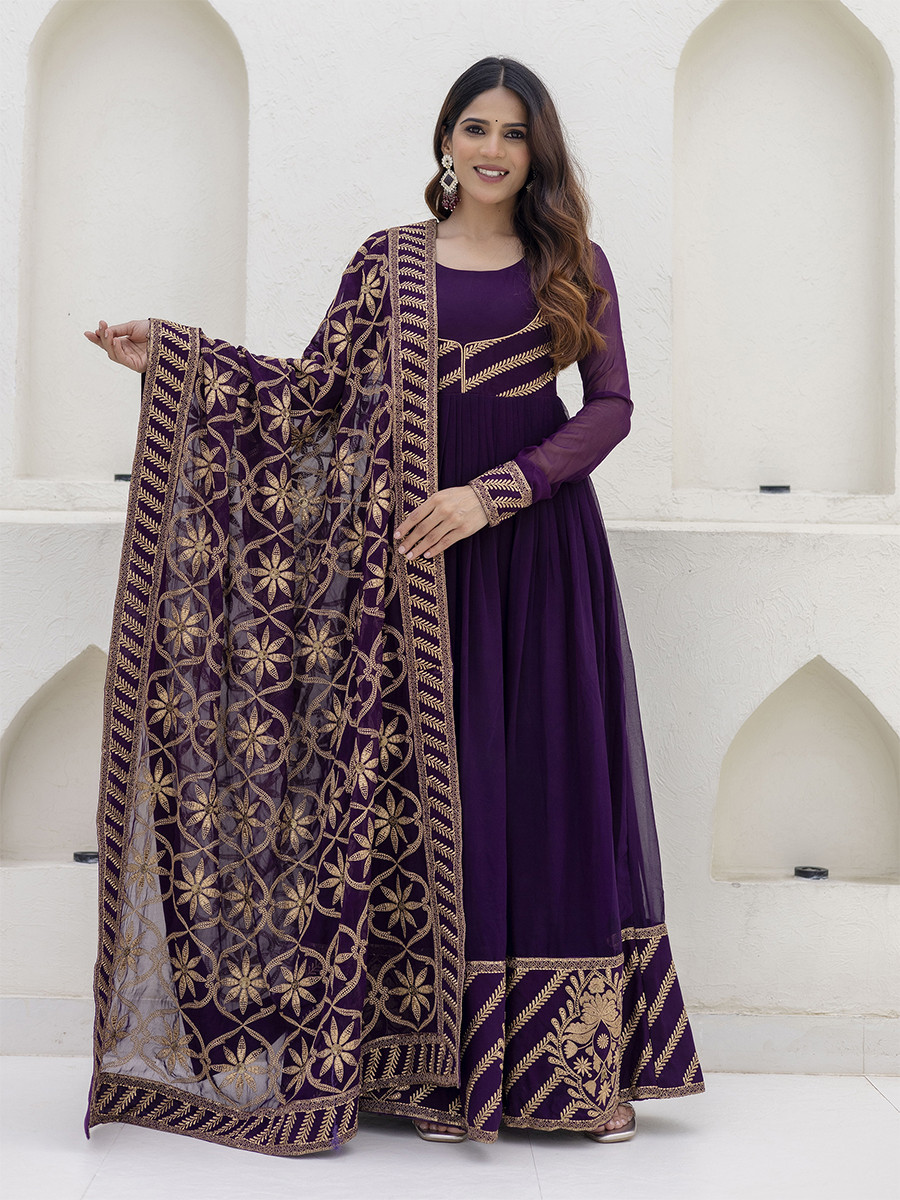Wine Georgette Embroidered Wedding Festival Casual Party Wear Gown Women Wear
