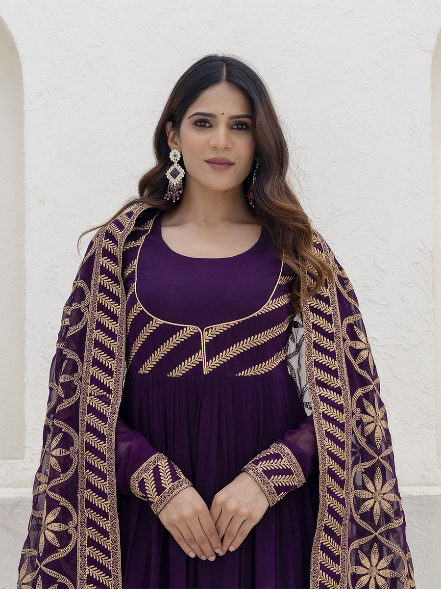 Wine Georgette Embroidered Wedding Festival Casual Party Wear Gown Women Wear