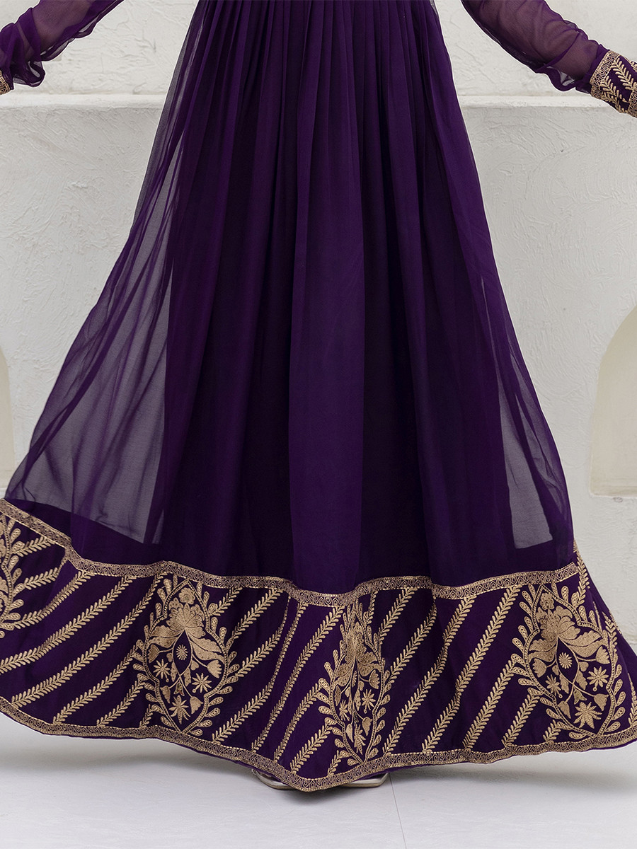 Wine Georgette Embroidered Wedding Festival Casual Party Wear Gown Women Wear