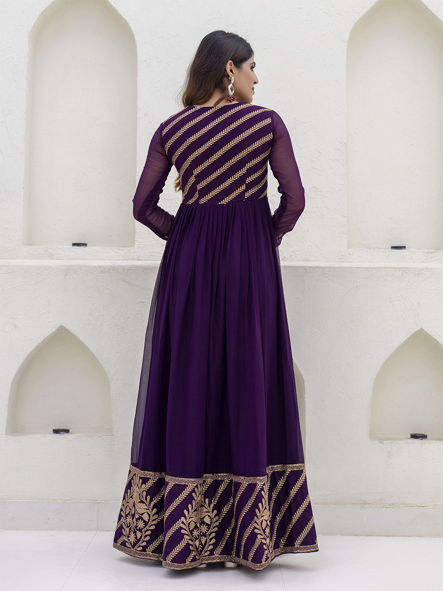 Wine Georgette Embroidered Wedding Festival Casual Party Wear Gown Women Wear