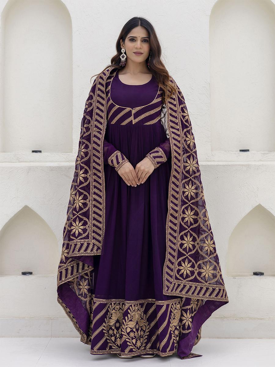 Wine Georgette Embroidered Wedding Festival Casual Party Wear Gown Women Wear