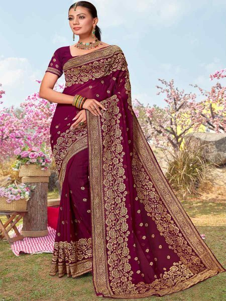 Wine Georgette Embroidered Wedding Festival Heavy Border Saree