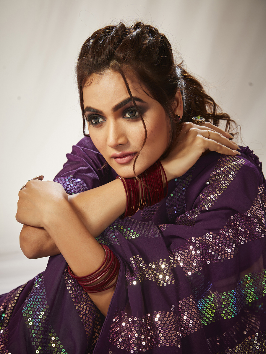 Wine Georgette Embroidered Wedding Festival Heavy Border Saree