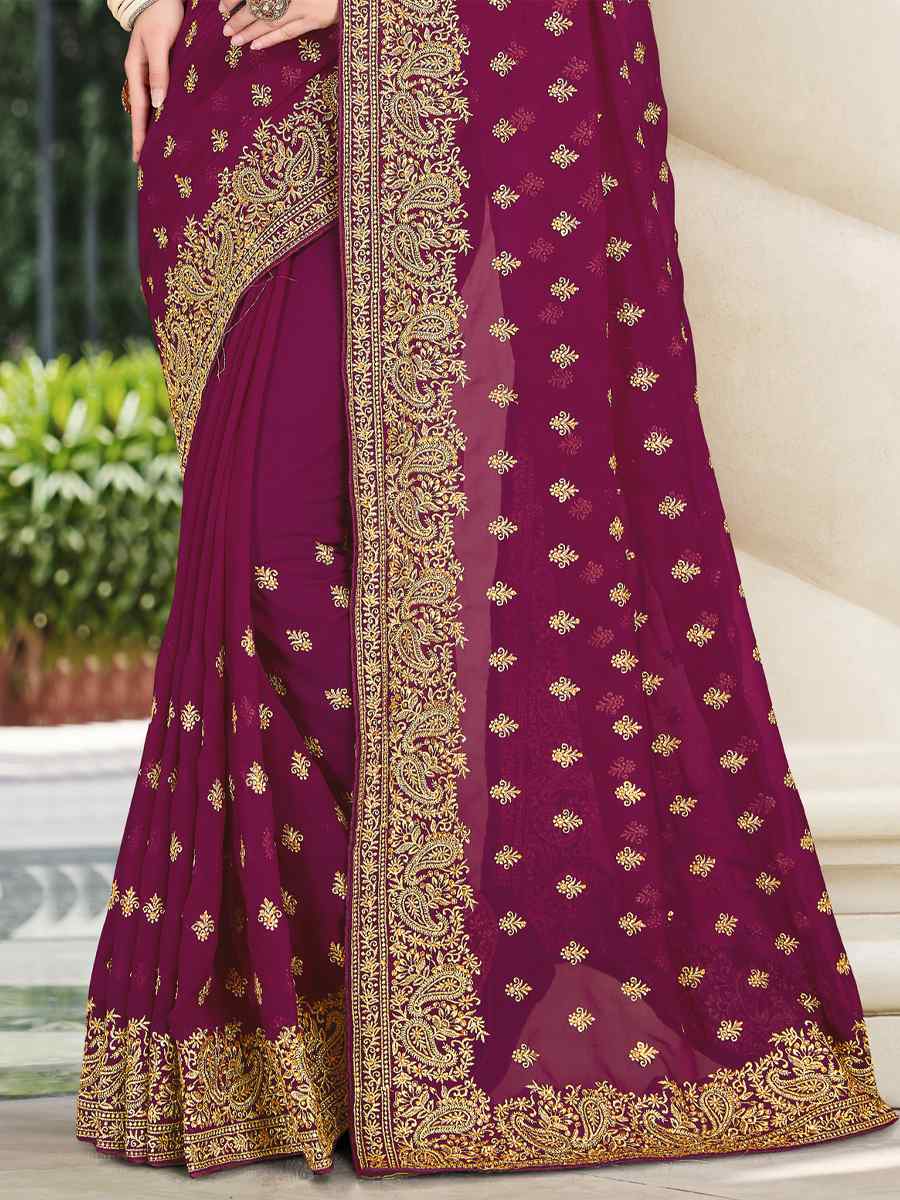 Wine Georgette Embroidered Wedding Festival Heavy Border Saree