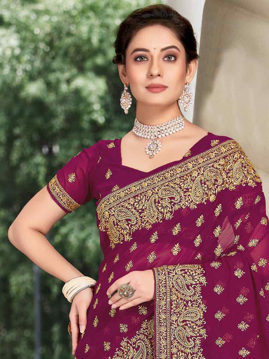 Wine Georgette Embroidered Wedding Festival Heavy Border Saree