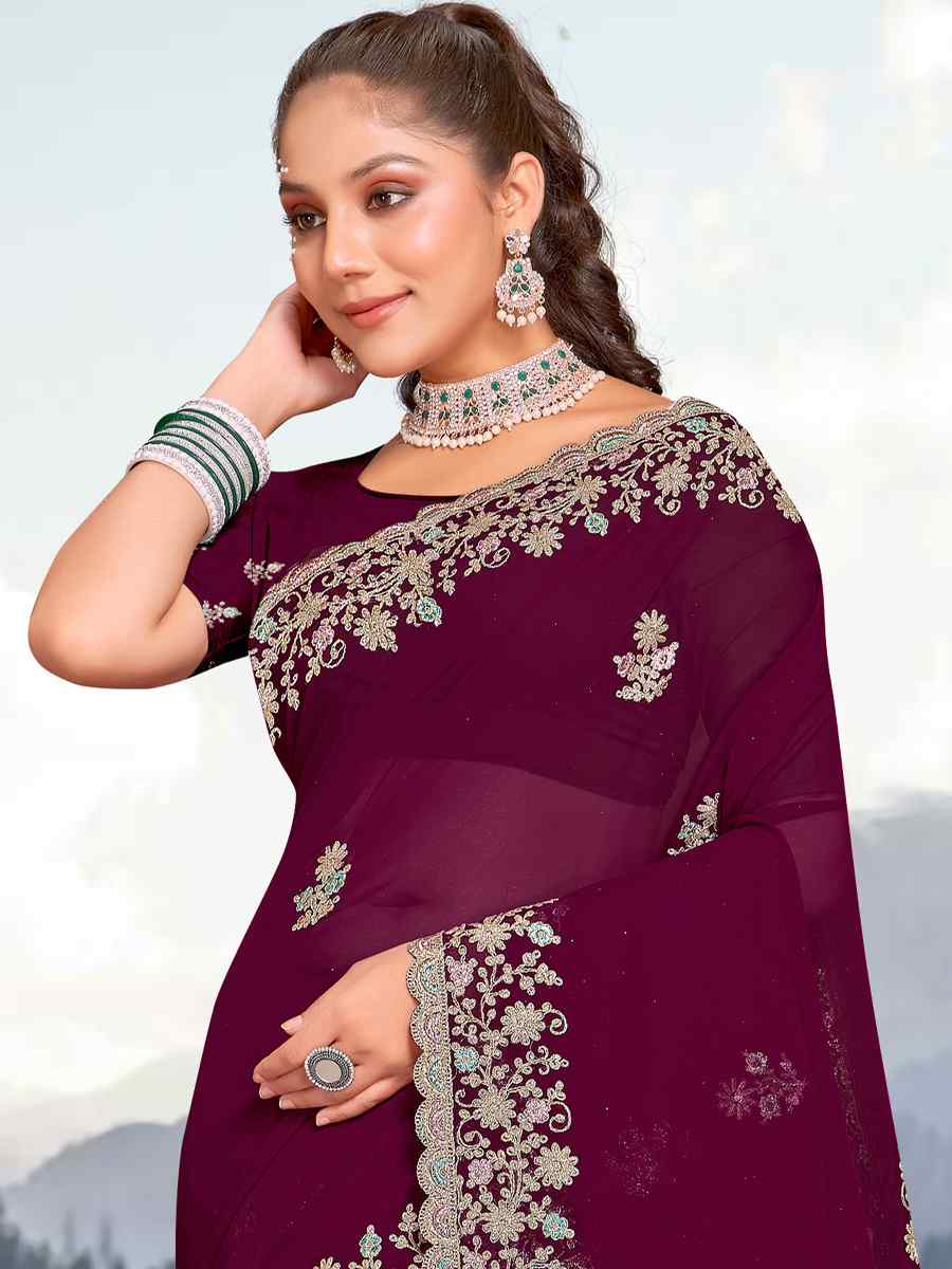 Wine Georgette Embroidered Wedding Festival Heavy Border Saree