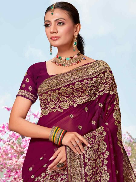 Wine Georgette Embroidered Wedding Festival Heavy Border Saree