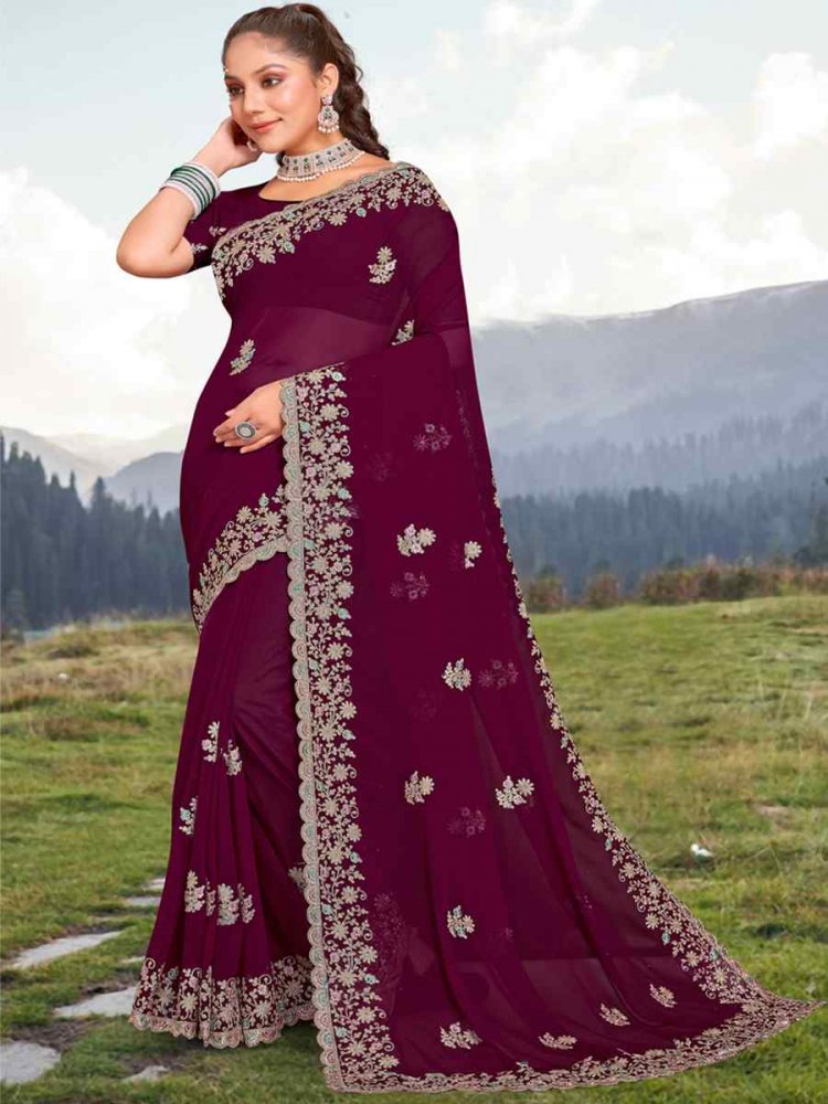 Wine Georgette Embroidered Wedding Festival Heavy Border Saree