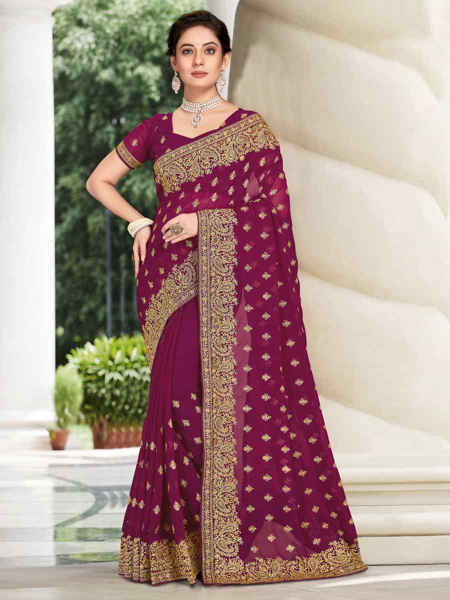 Wine Georgette Embroidered Wedding Festival Heavy Border Saree