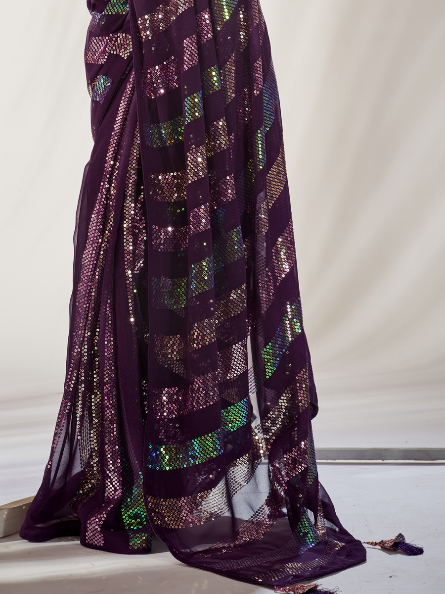 Wine Georgette Embroidered Wedding Festival Heavy Border Saree