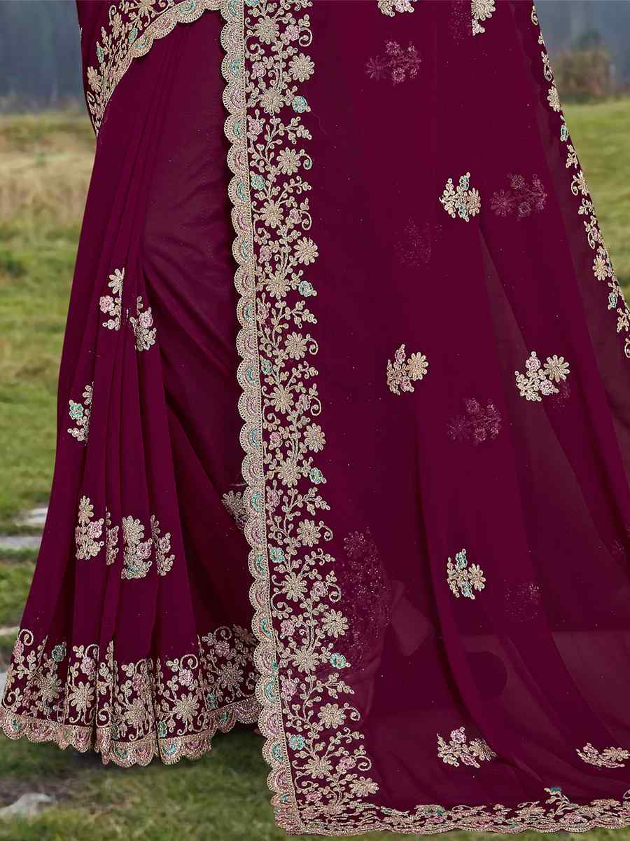 Wine Georgette Embroidered Wedding Festival Heavy Border Saree