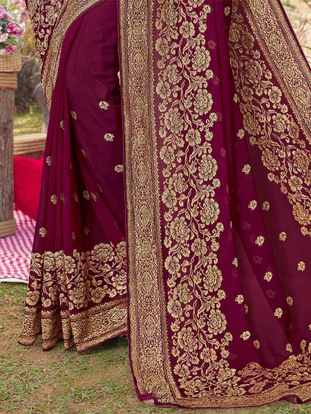 Wine Georgette Embroidered Wedding Festival Heavy Border Saree