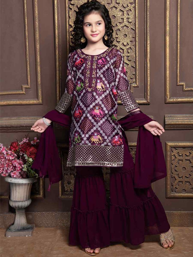 Wine Georgette Embroidered Wedding Festival Kurta Sharara Girls Wear
