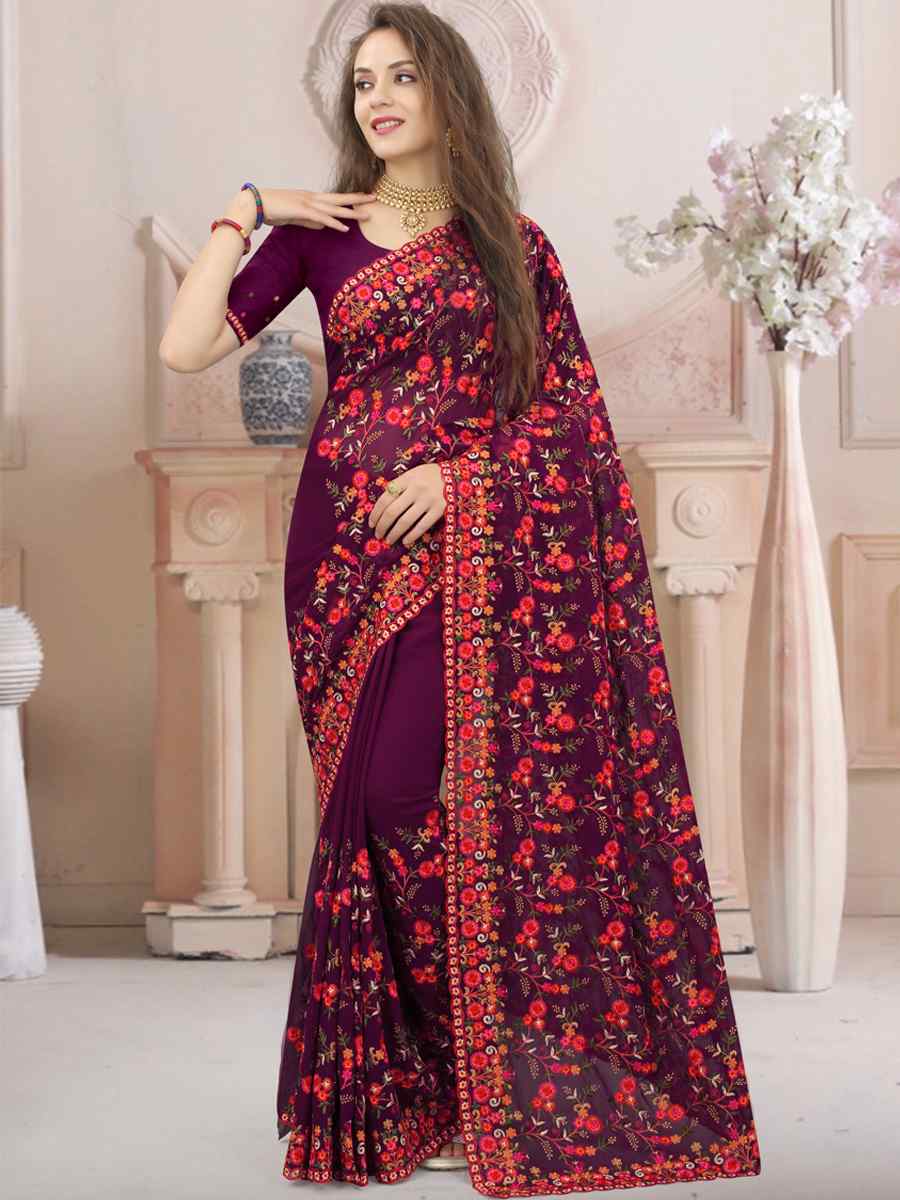 Wine Georgette Embroidered Wedding Party Georgette Classic Style Saree