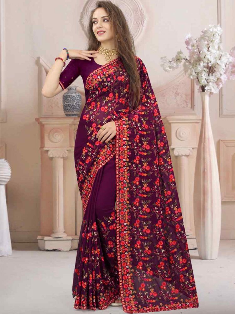 Wine Georgette Embroidered Wedding Party Georgette Classic Style Saree