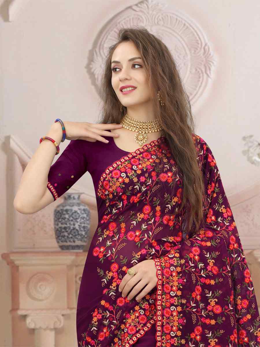 Wine Georgette Embroidered Wedding Party Georgette Classic Style Saree