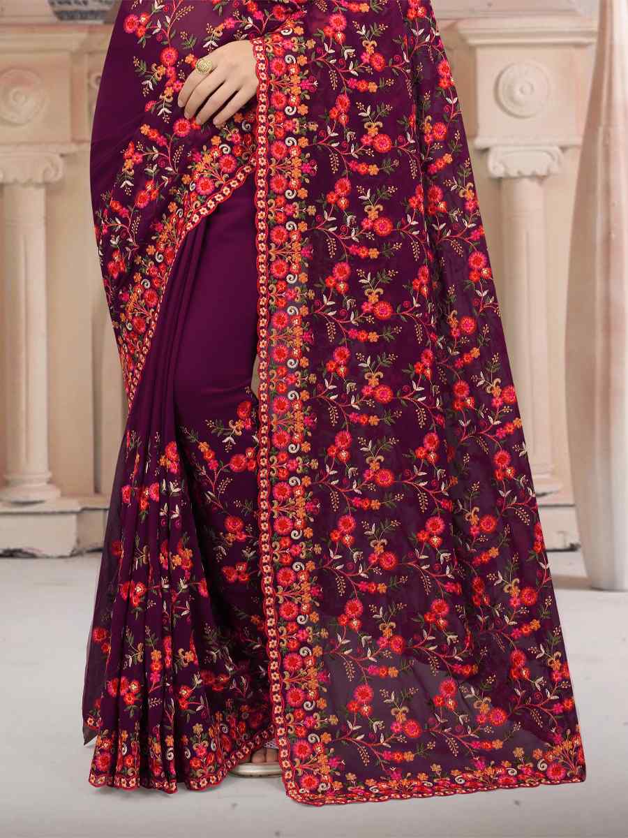 Wine Georgette Embroidered Wedding Party Georgette Classic Style Saree